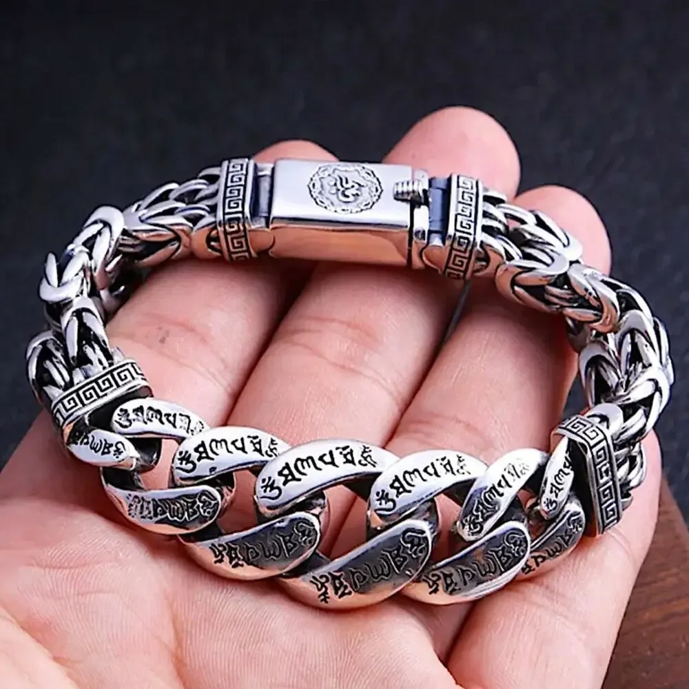 Stainless Steel Chain Link Bracelet, Mantra, Curb Hand Woven Engraved Byzantine